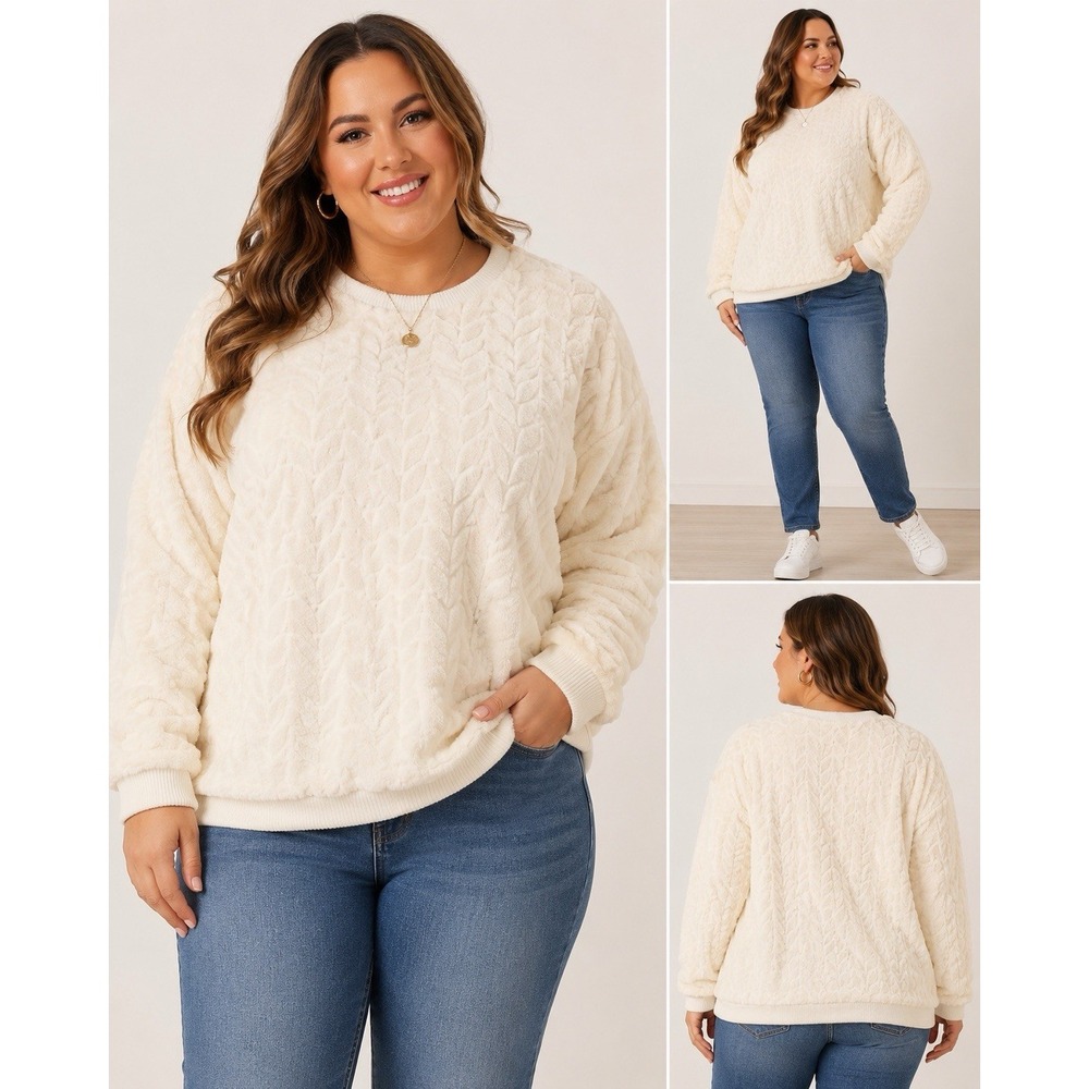 Love Life Womens 3X Faux Fur Sweater Cream Plush Textured Pullover Plus Size